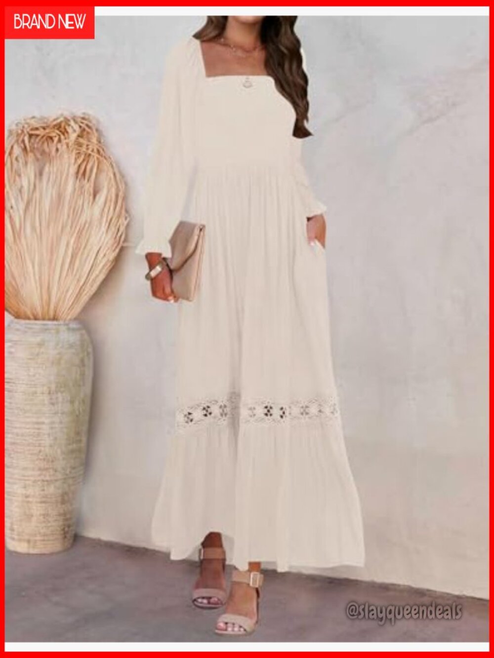 Boho Square Neck Smocked Maxi Dress with Lace Trim - Picture 2 of 7